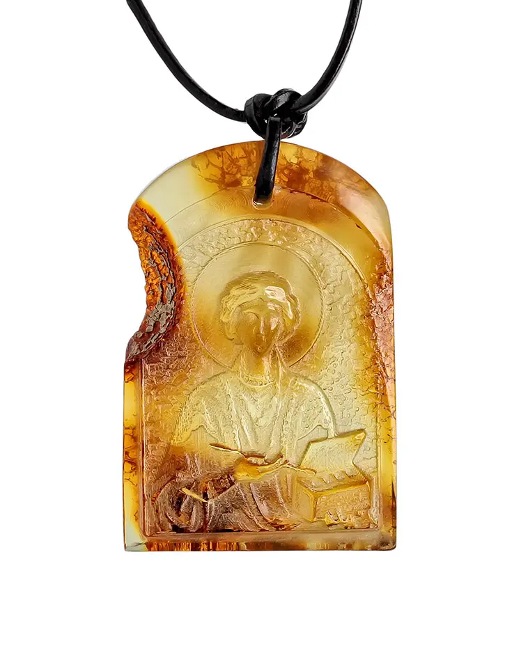 картинка Кулон-иконка из натурального цельного балтийского янтаря с резьбой «Святой целитель Пантелеймон» в онлайн магазине