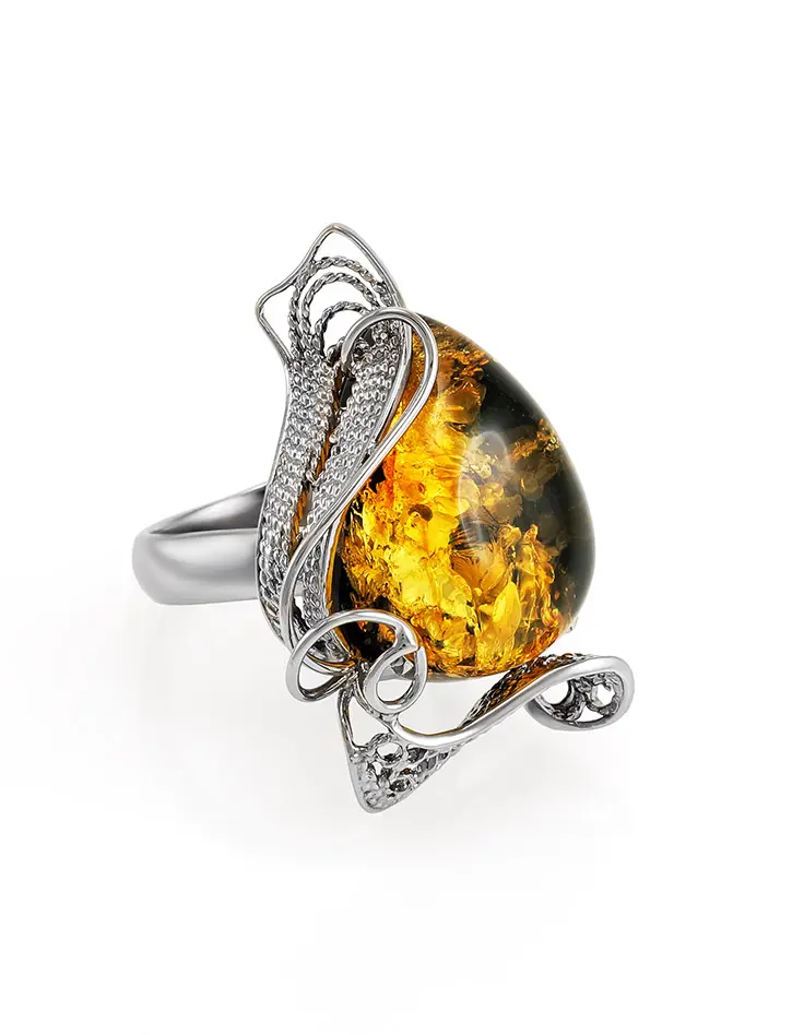 картинка Красивое серебряное кольцо с натуральным зеленым янтарем «Филигрань» в онлайн магазине