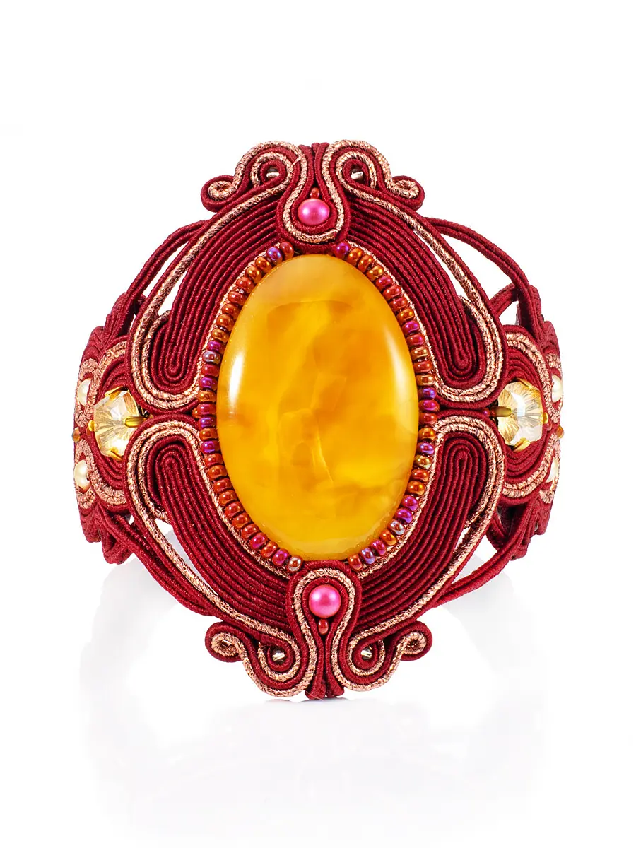 картинка Эффектный плетёный браслет «Индия» с натуральным янтарём, украшенный кристаллами и бисером в онлайн магазине