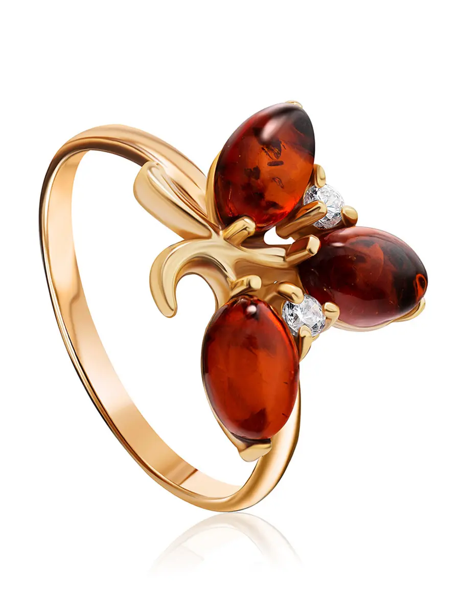 картинка Кольцо из золота с натуральным янтарём и фианитами «Олеандр» в онлайн магазине