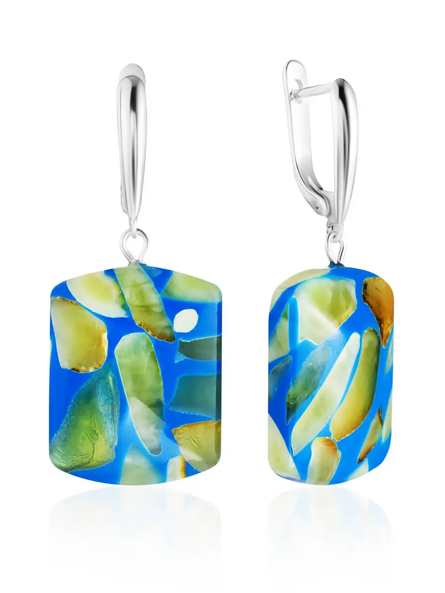 картинка Синие мозаичные серьги с натуральным янтарём «Далматин» в онлайн магазине