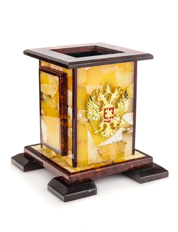 картинка Карандашница из натурального янтаря с гербом Российской Федерации в онлайн магазине
