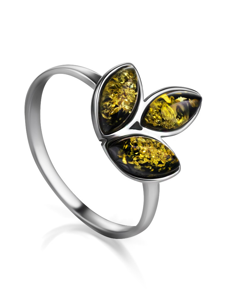 

Кольцо в растительном дизайне с натуральным зелёным янтарём «Флора», Зеленый