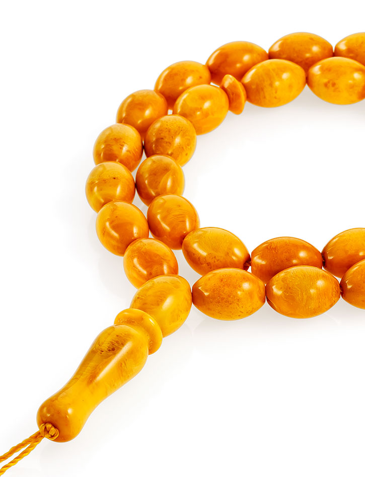 

Мусульманские чётки на 33 бусины из формованного балтийского янтаря «Оливки состаренные», Медовый