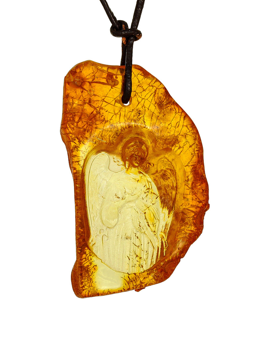 

Подвеска из натурального цельного янтаря с резьбой «Ангел-Хранитель», Коньячный