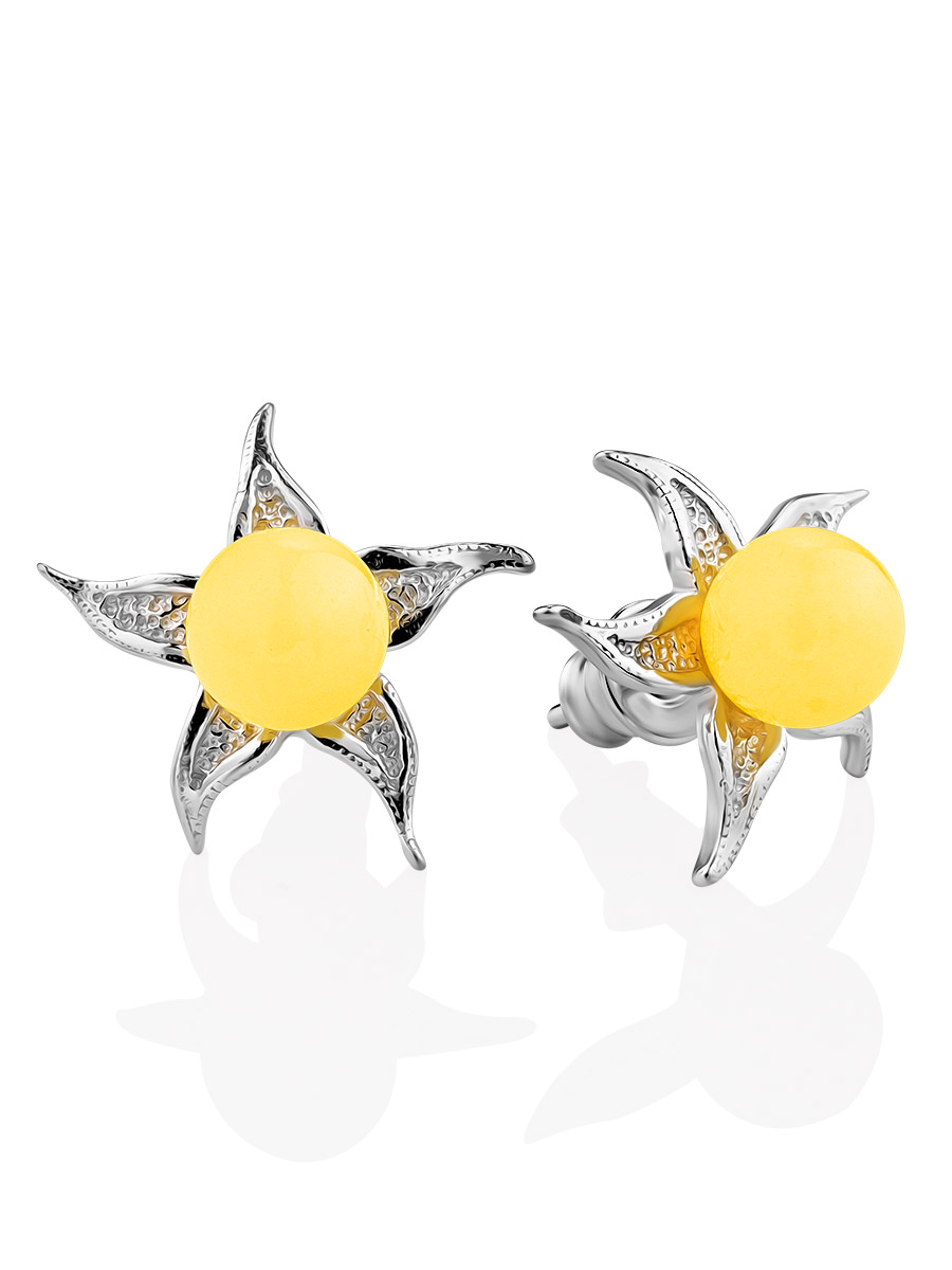 

Небольшие серьги-гвоздики из серебра с натуральным медовым янтарём «Морошка», Медовый