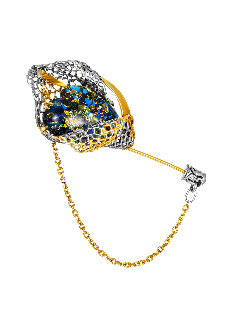 

Ажурная брошь «Версаль» из натурального искрящегося янтаря синего цвета, Синий