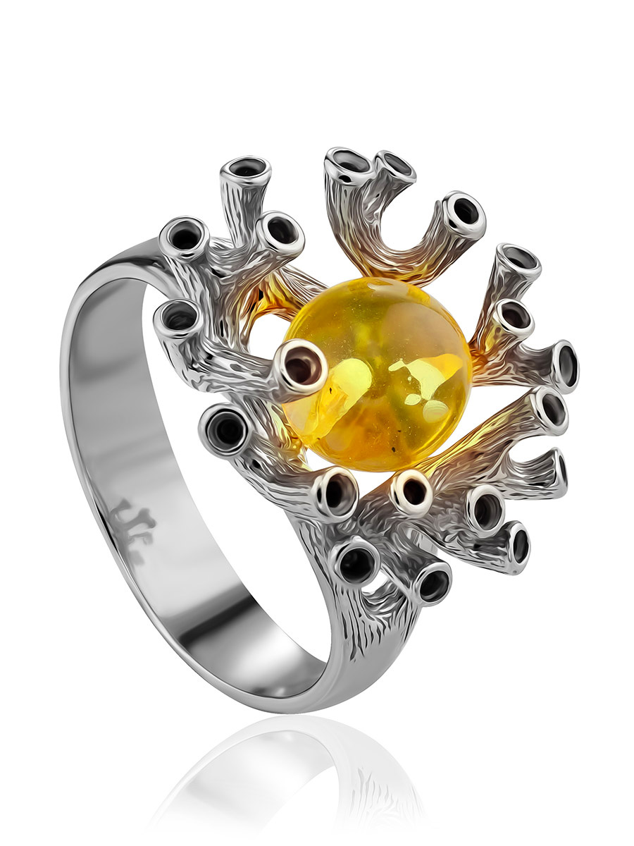 

«Пушистое» кольцо «Барбадос» с янтарём лимонного цвета, Лимонный