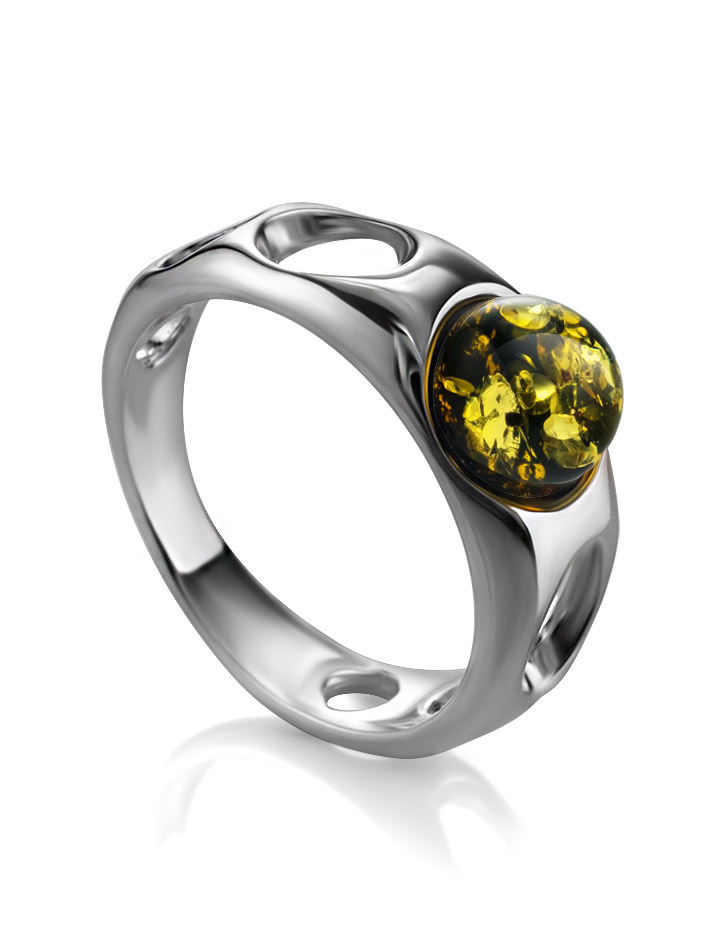 

Стильное кольцо с натуральным зелёным янтарём «Энигма», Зеленый