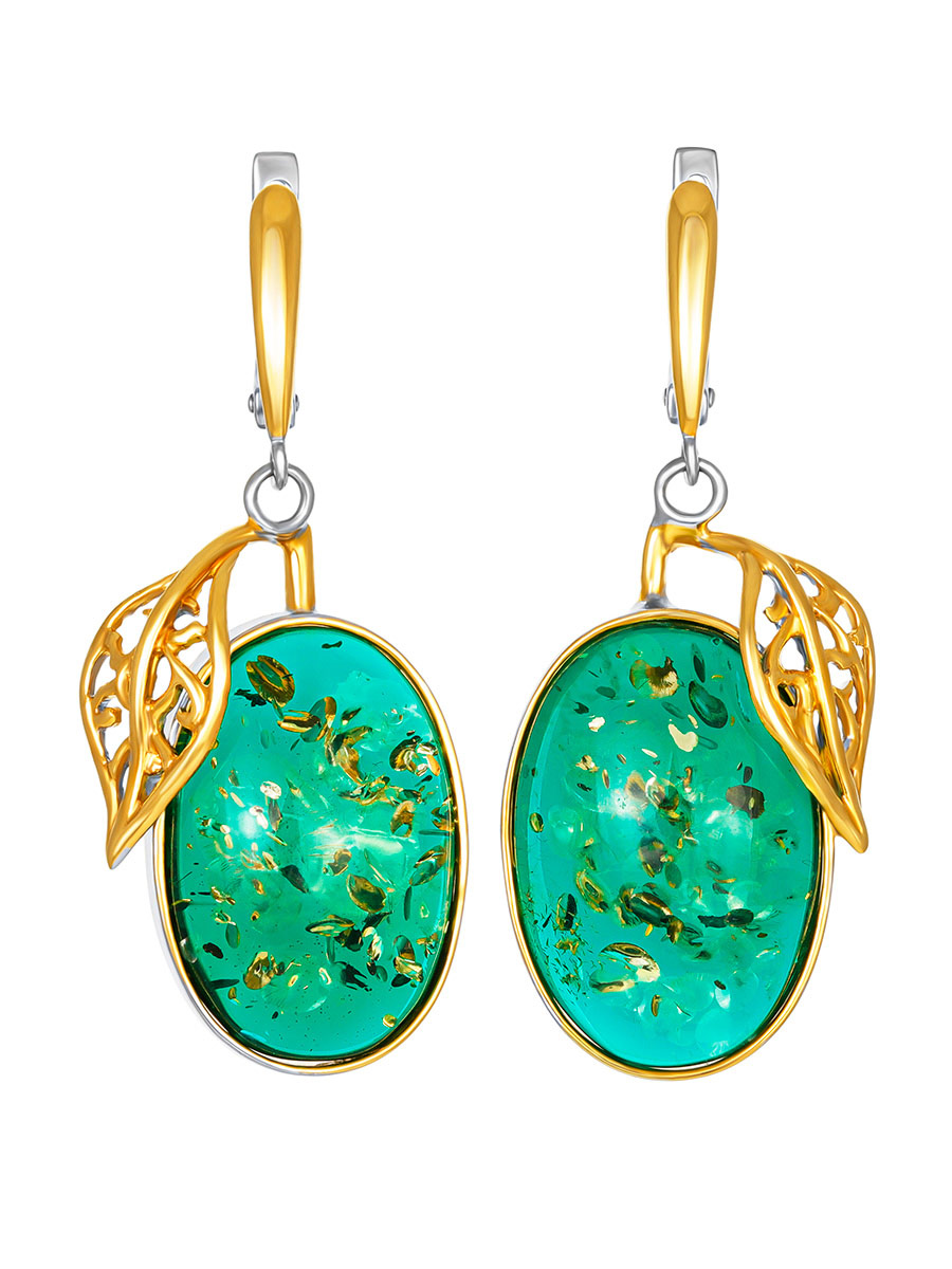 

Красивые оригинальные серьги «Версаль» с ярко-зелёным янтарём, Зеленый