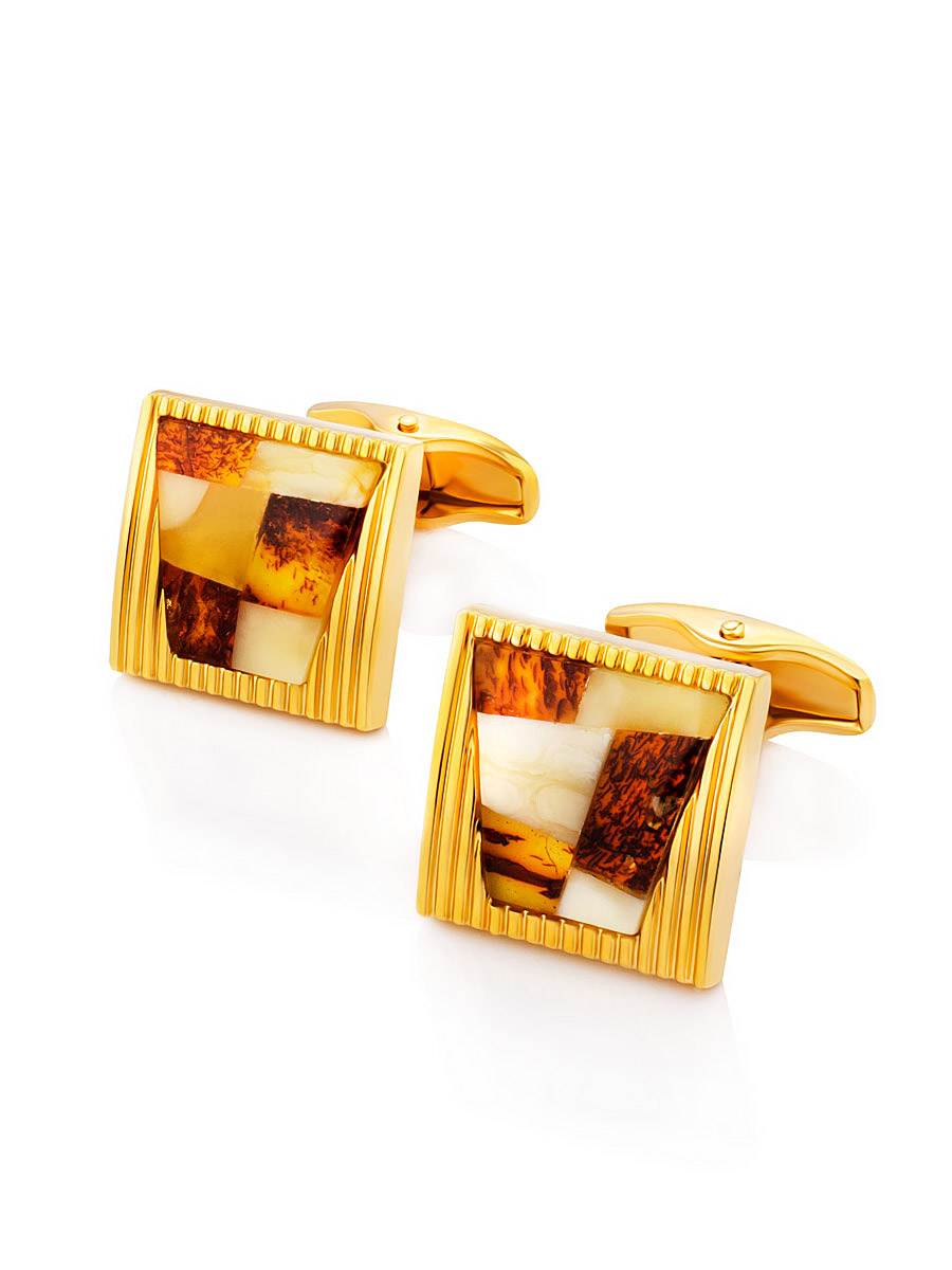 

Эффектные позолоченные запонки с янтарной мозаикой, Микс