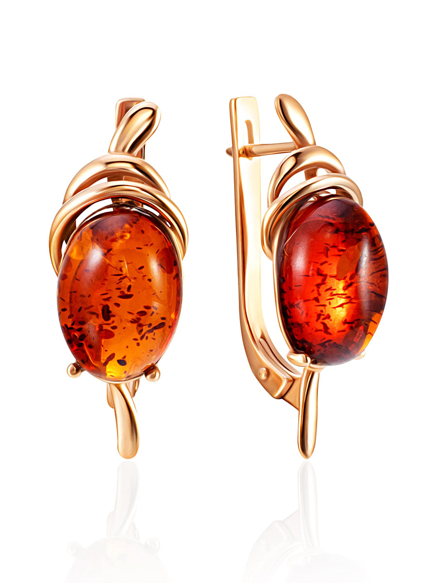 Оригинальные позолоченные серьги с коньячным янтарём «Сигма»