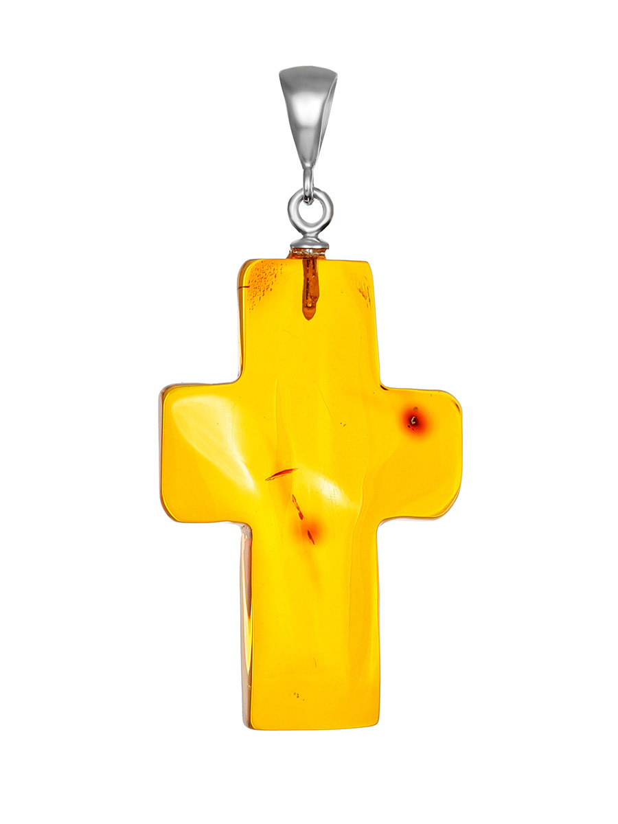 

Крестик из натурального янтаря красивого чайного оттенка, Коньячный