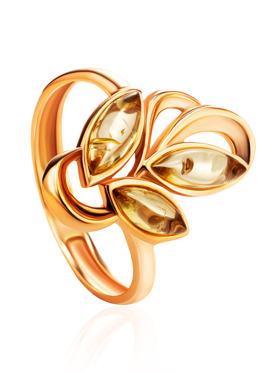 Нежное позолоченное кольцо с лимонным янтарём «Райская птица»