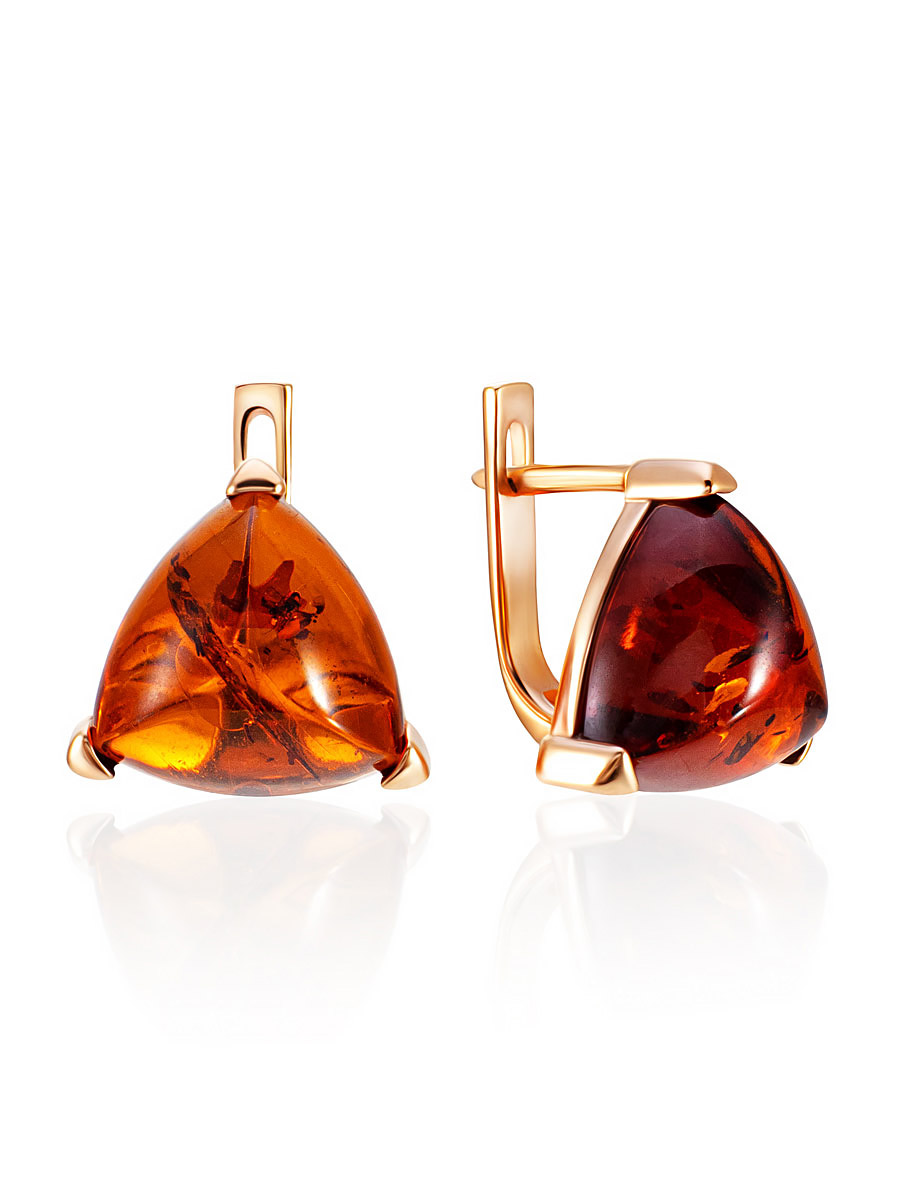 Позолочённые серьги со вставками из натурального коньячного янтаря «Треугольник»