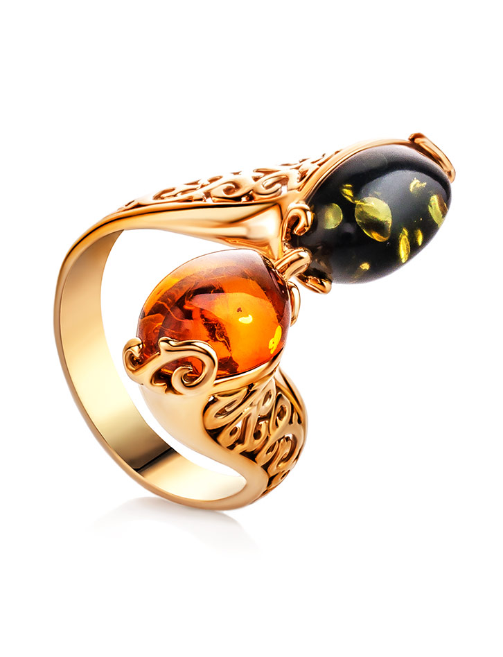 Яркое кольцо с натуральным янтарём двух ярких оттенков «Касабланка»