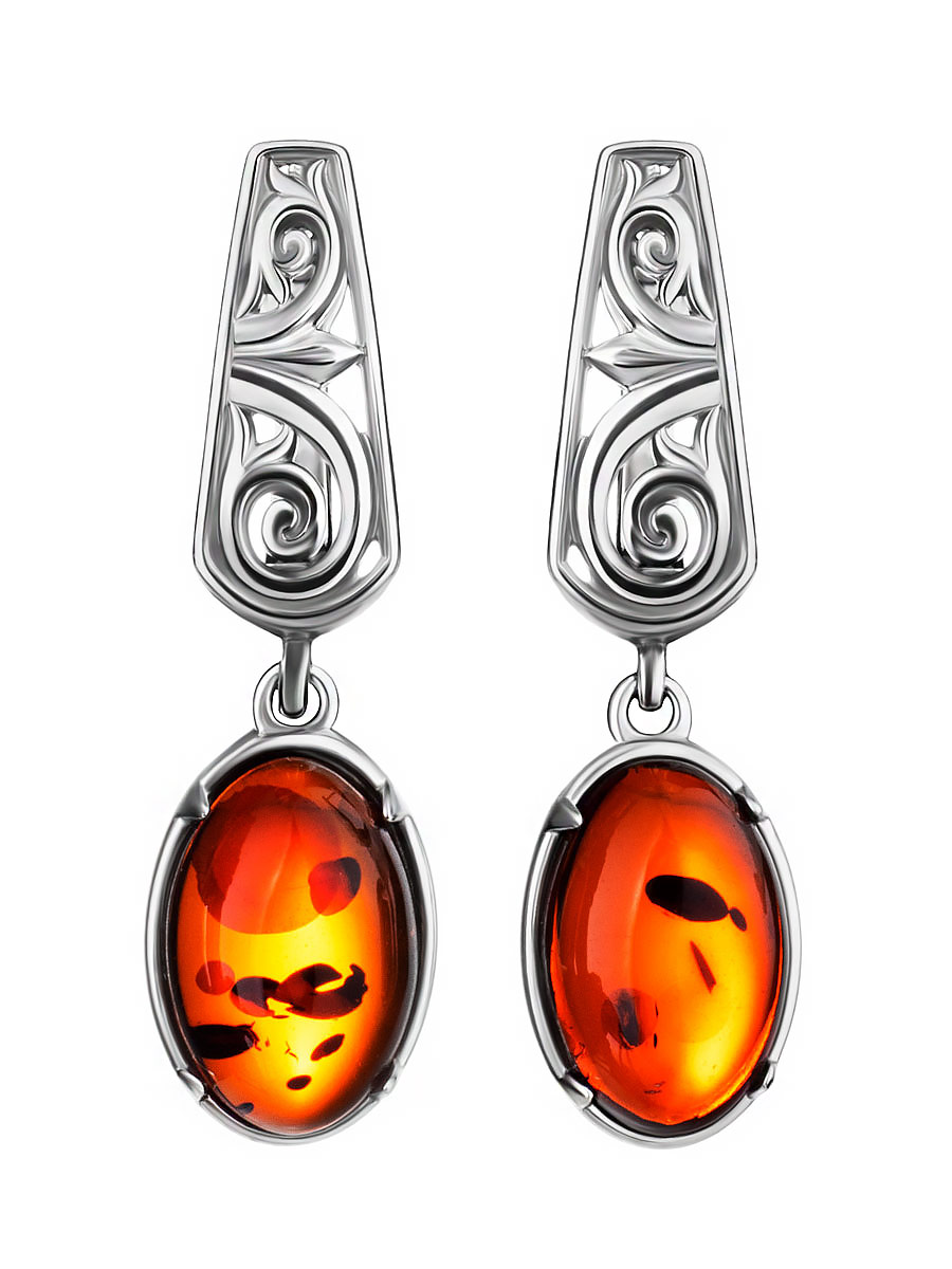 

Красивые изящные серьги из натурального янтаря тёмно-коньячного цвета «Месопотамия», Коньячный;вишневый